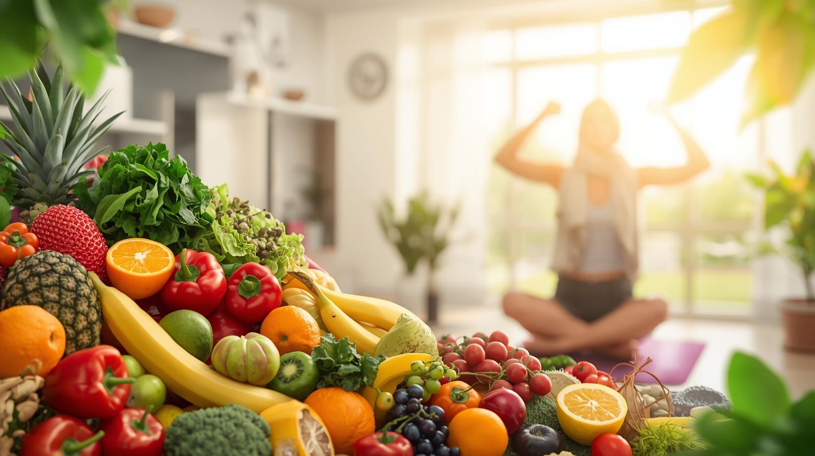 Person exercising with fresh fruits and vegetables for a healthy lifestyle