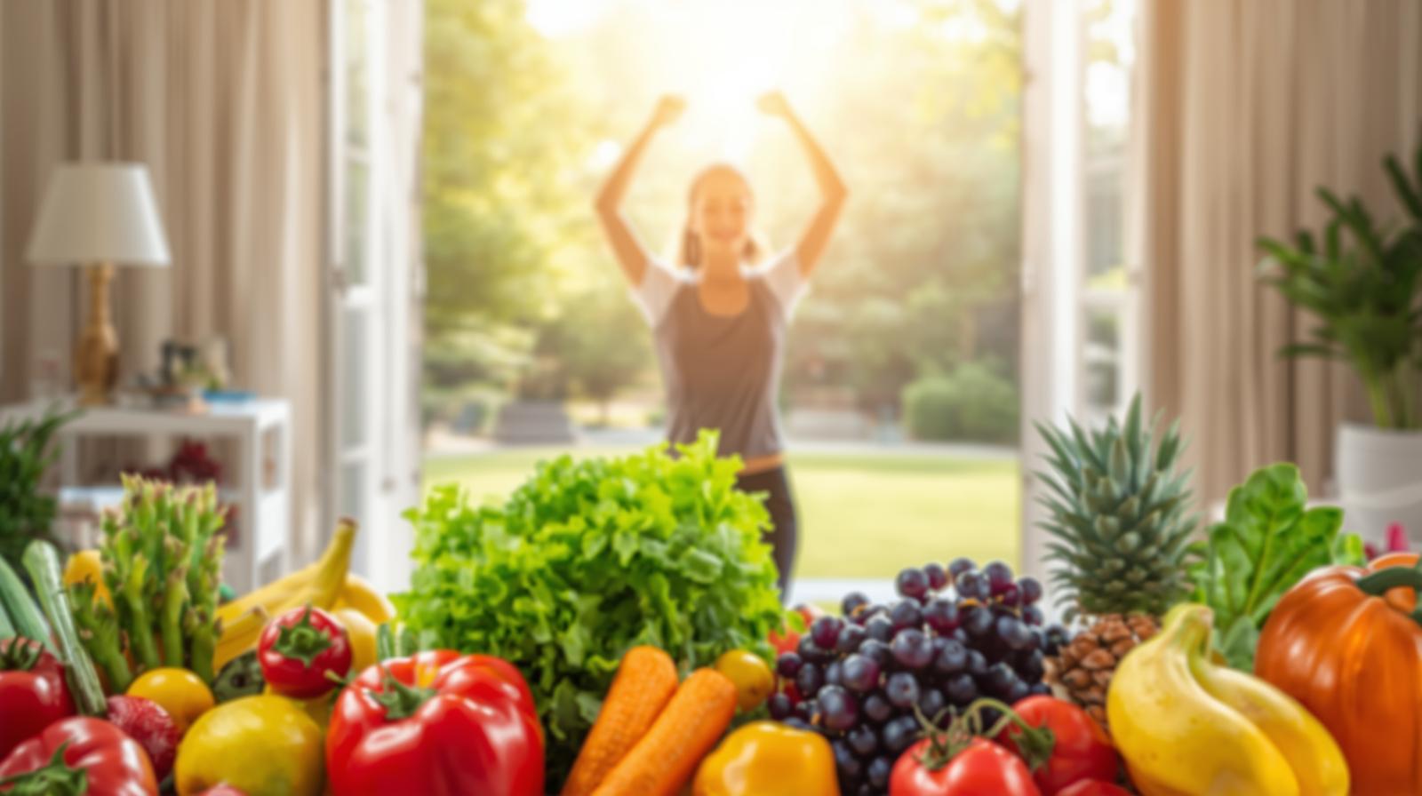 Person exercising with fresh fruits and vegetables for a healthy lifestyle