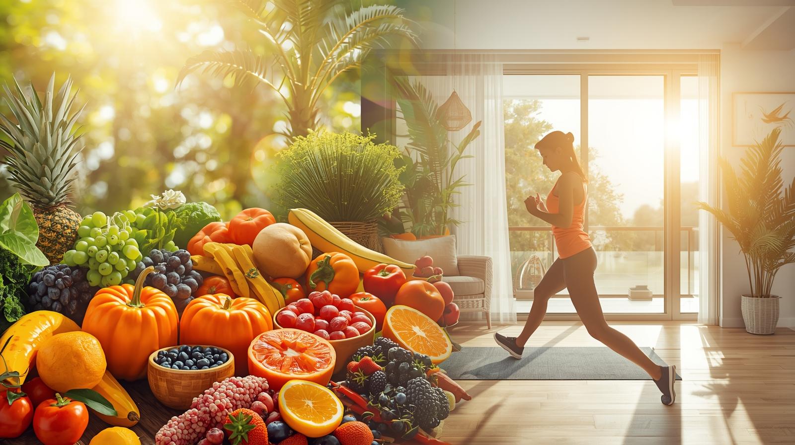 Person exercising with fresh fruits and vegetables for a healthy lifestyle