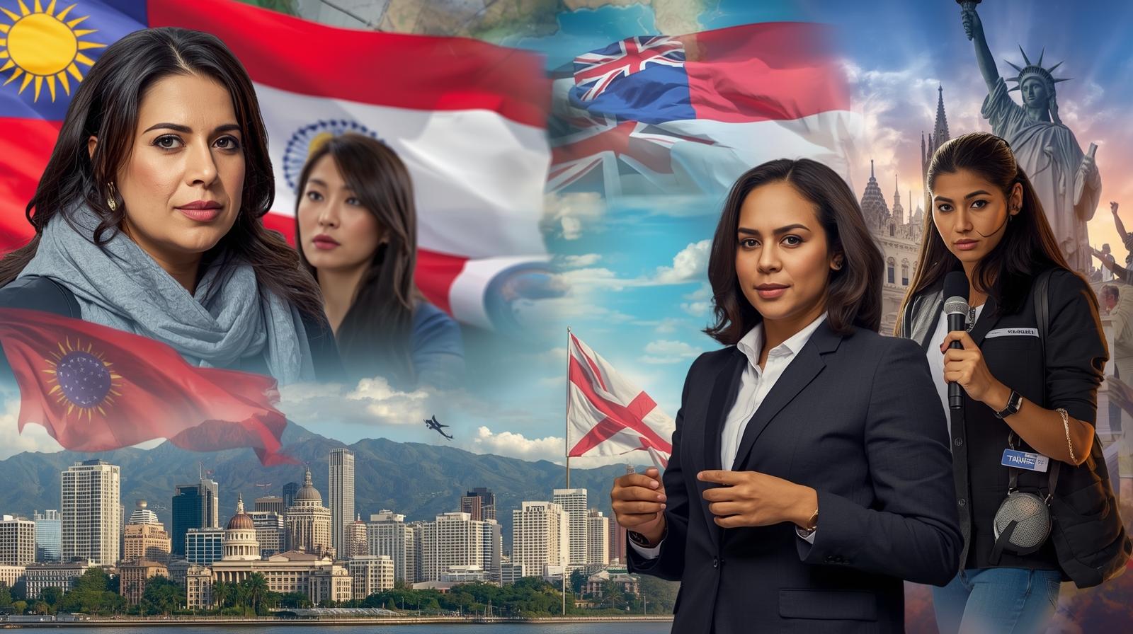 Collage of latest world news events including cities, journalists, and flags