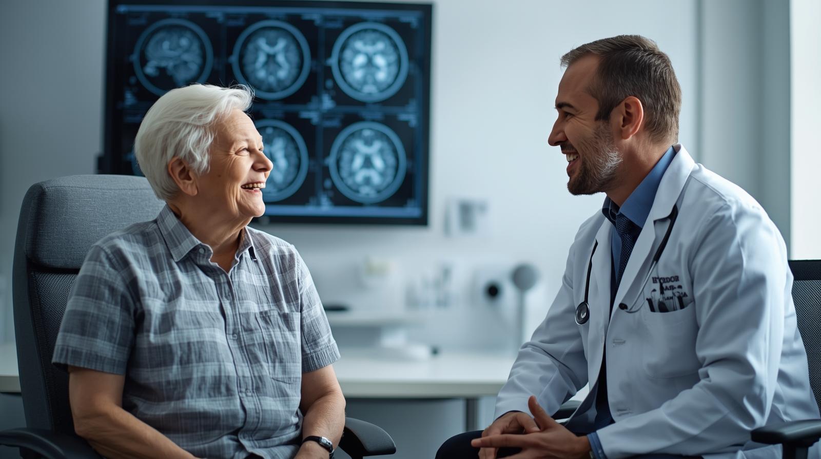Senior patient talking to a doctor with brain scans in the clinic
