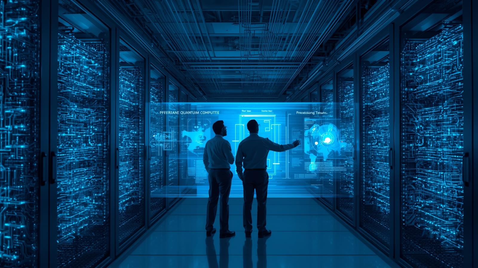 “Engineers monitoring glowing quantum processors inside a futuristic data center — representing the rise of quantum computing for consumers in 2025.”