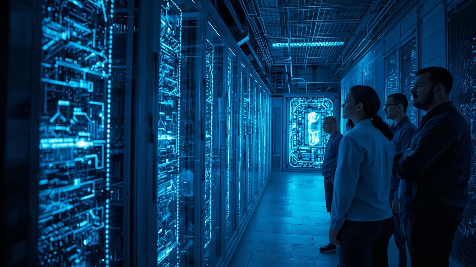 “Engineers monitoring glowing quantum processors inside a futuristic data center — representing the rise of quantum computing for consumers in 2025.”