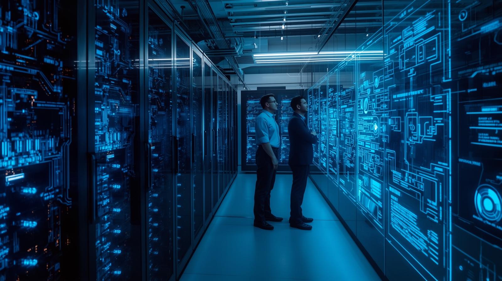 “Engineers monitoring glowing quantum processors inside a futuristic data center — representing the rise of quantum computing for consumers in 2025.”