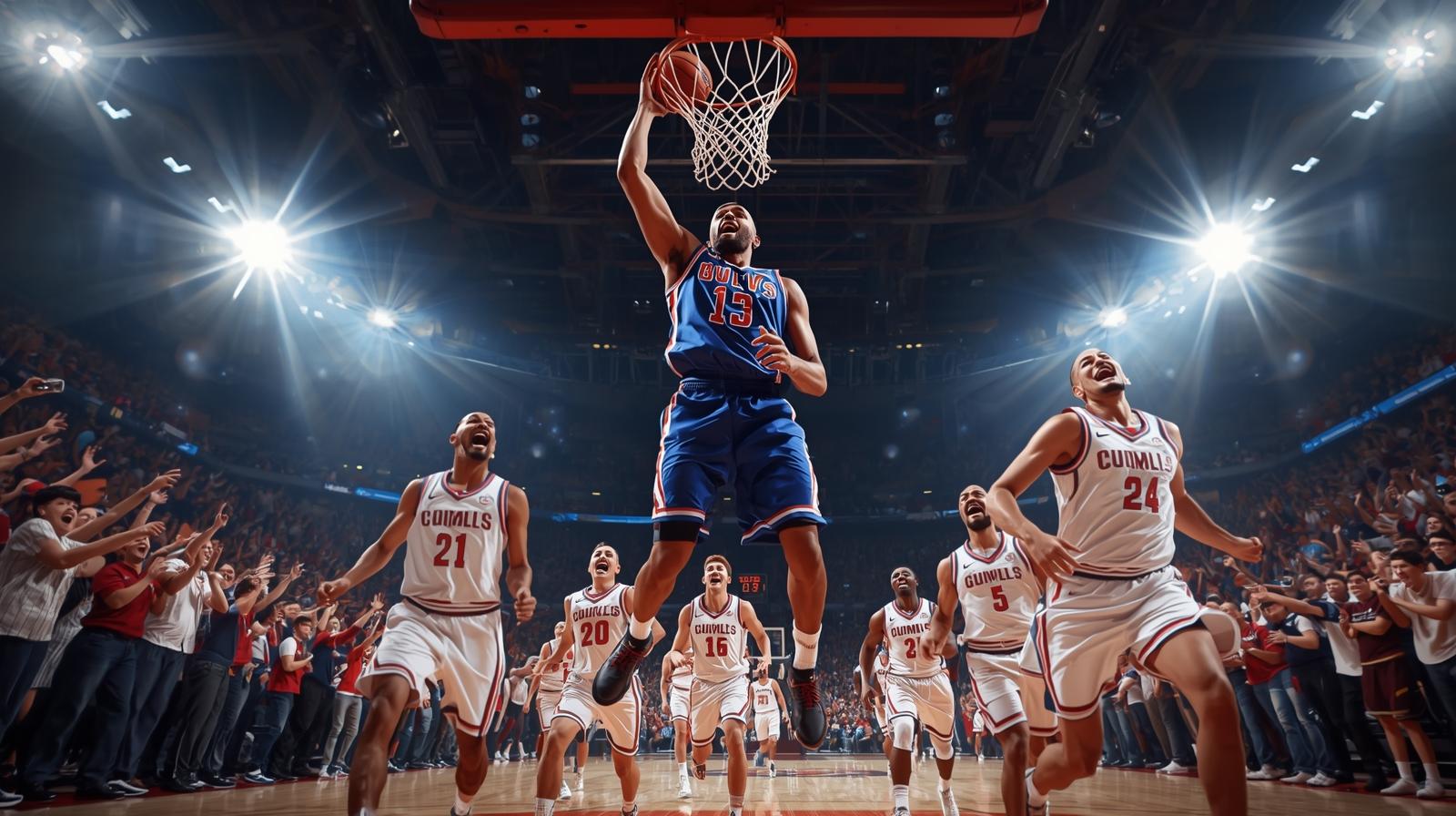 “Basketball player making winning shot as teammates and crowd celebrate.”