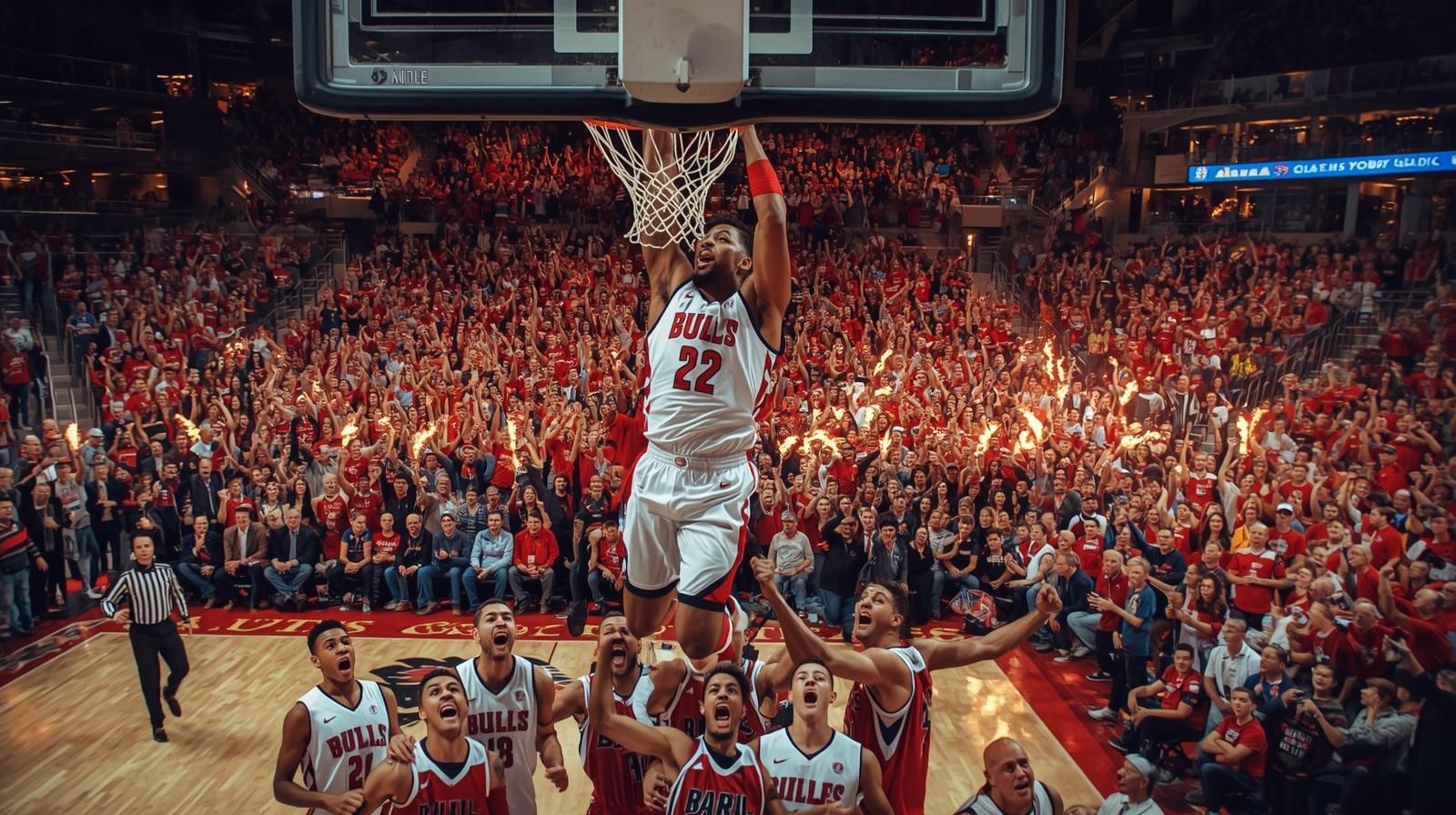 “Basketball player making winning shot as teammates and crowd celebrate.”