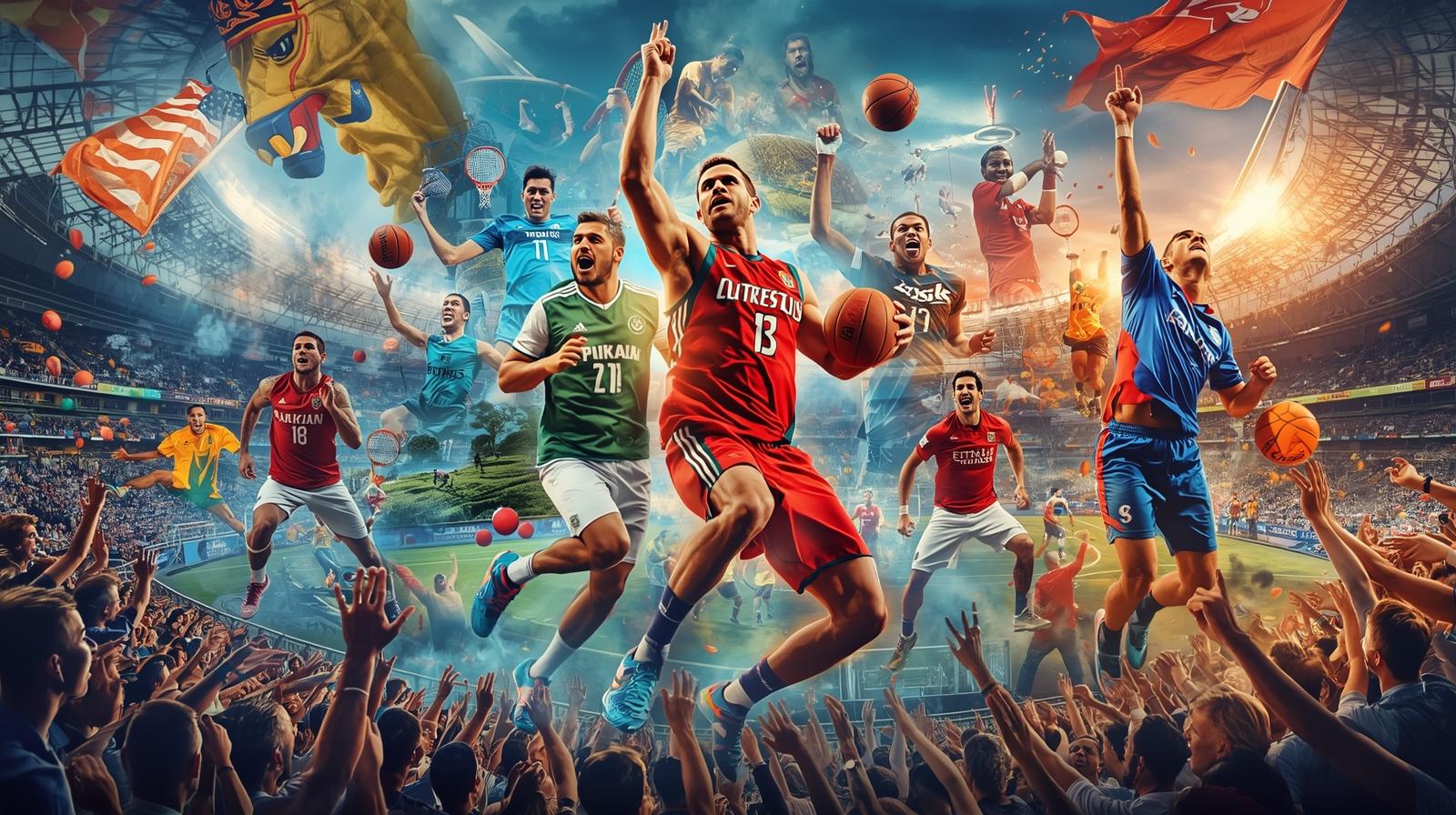 Collage showing football, basketball, tennis, and athletes in action from global sports events
