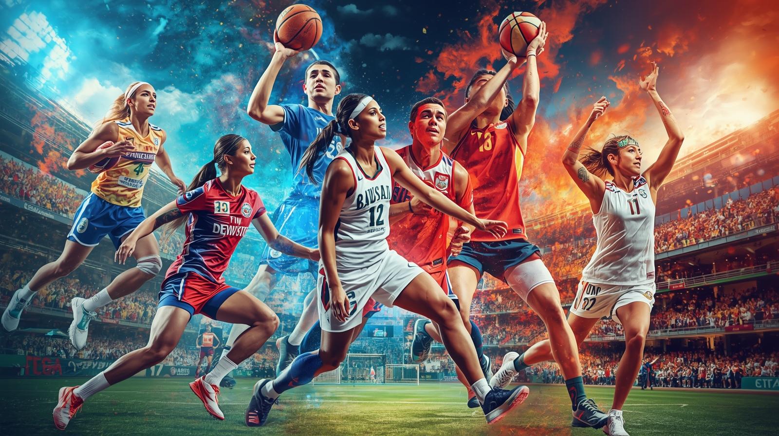 Collage showing football, basketball, tennis, and athletes in action from global sports events
