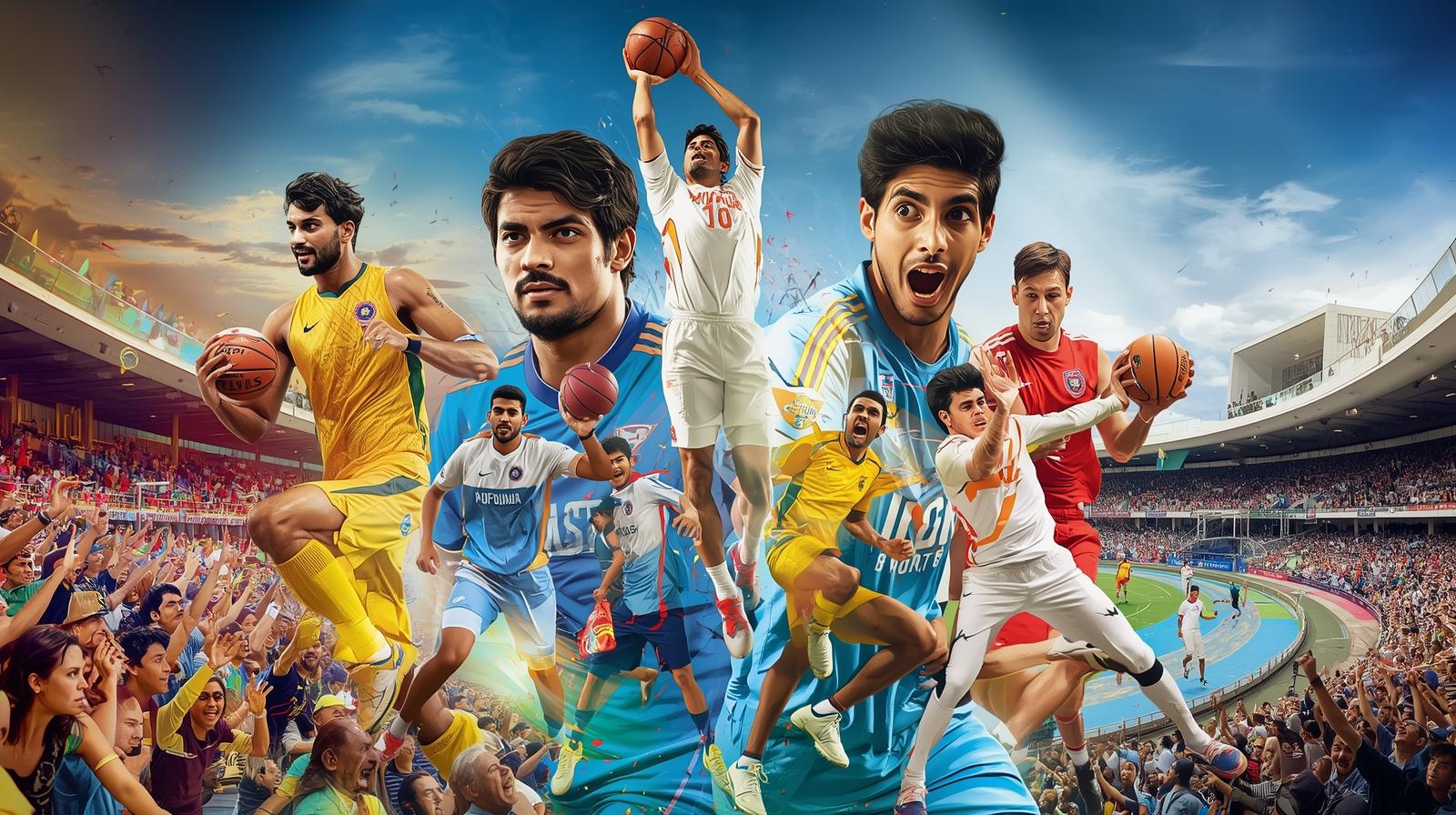 Collage showing football, basketball, tennis, and athletes in action from global sports events