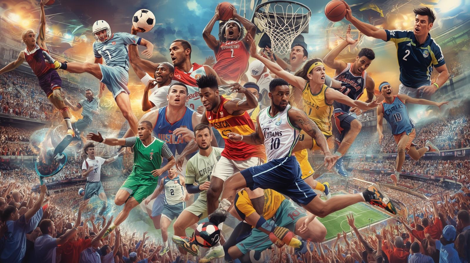 Collage showing football, basketball, tennis, and athletes in action from global sports events