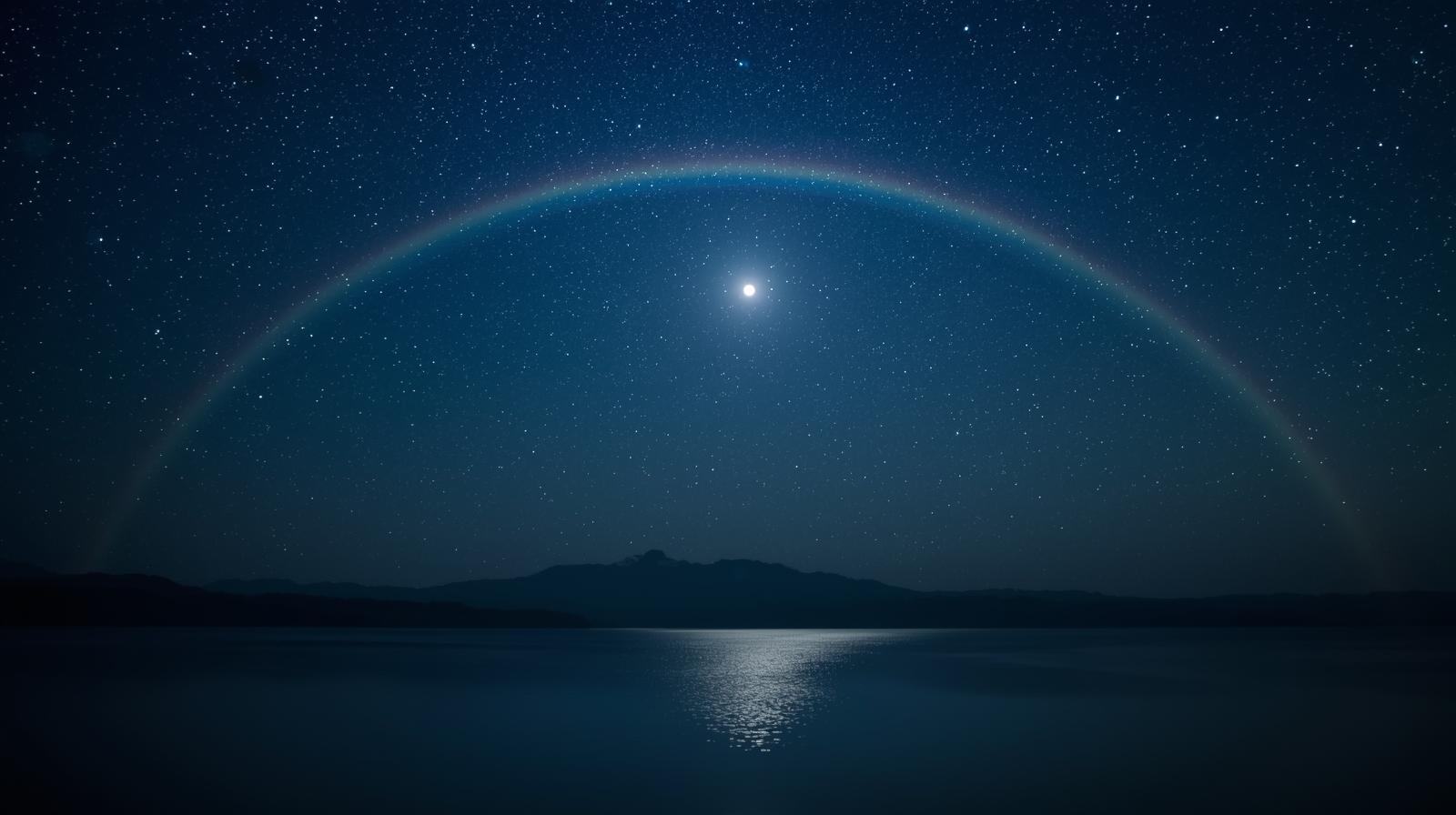 “Lunar rainbow appearing at night over a lake with moonlight reflection.”