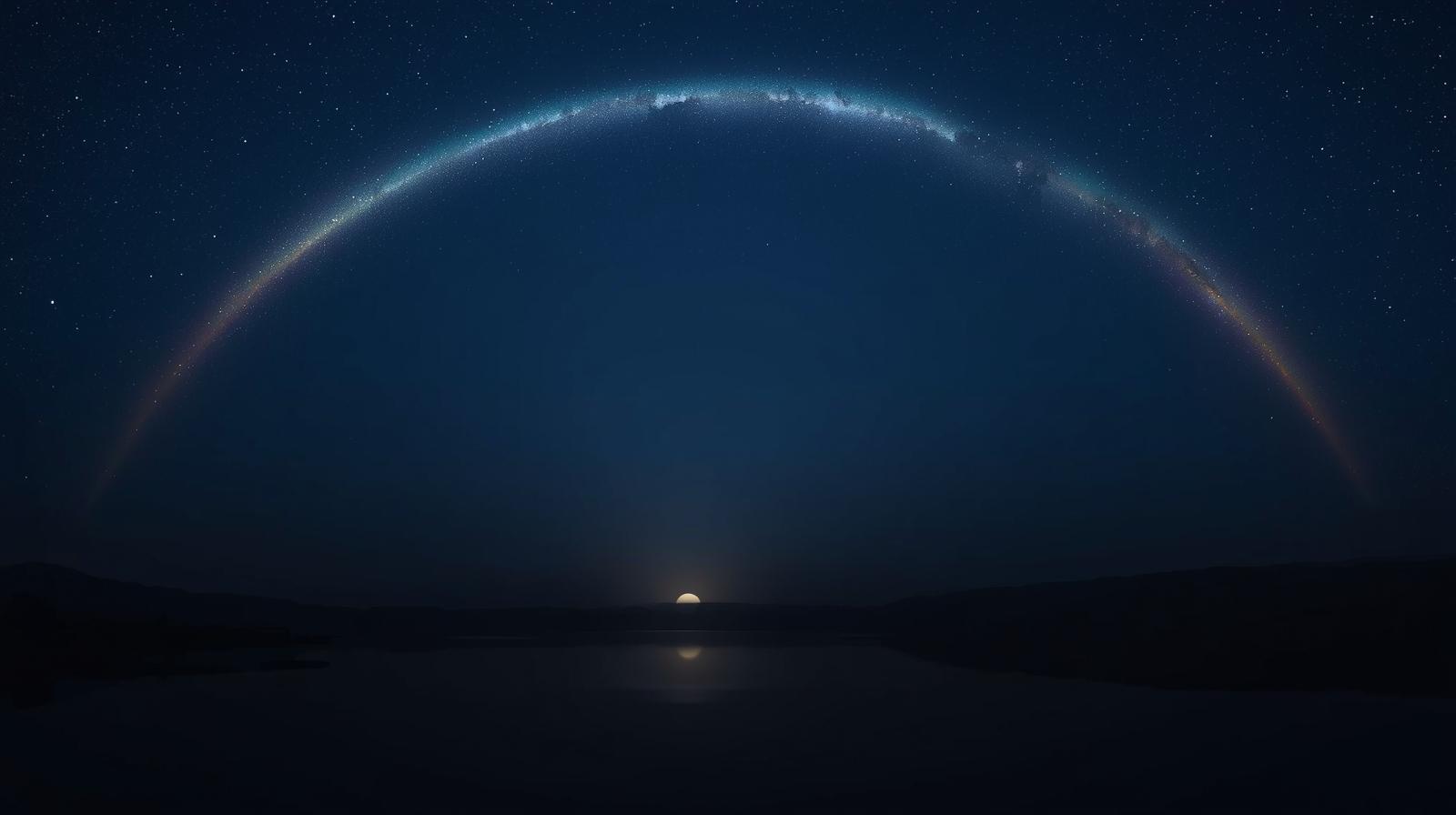 “Lunar rainbow appearing at night over a lake with moonlight reflection.”