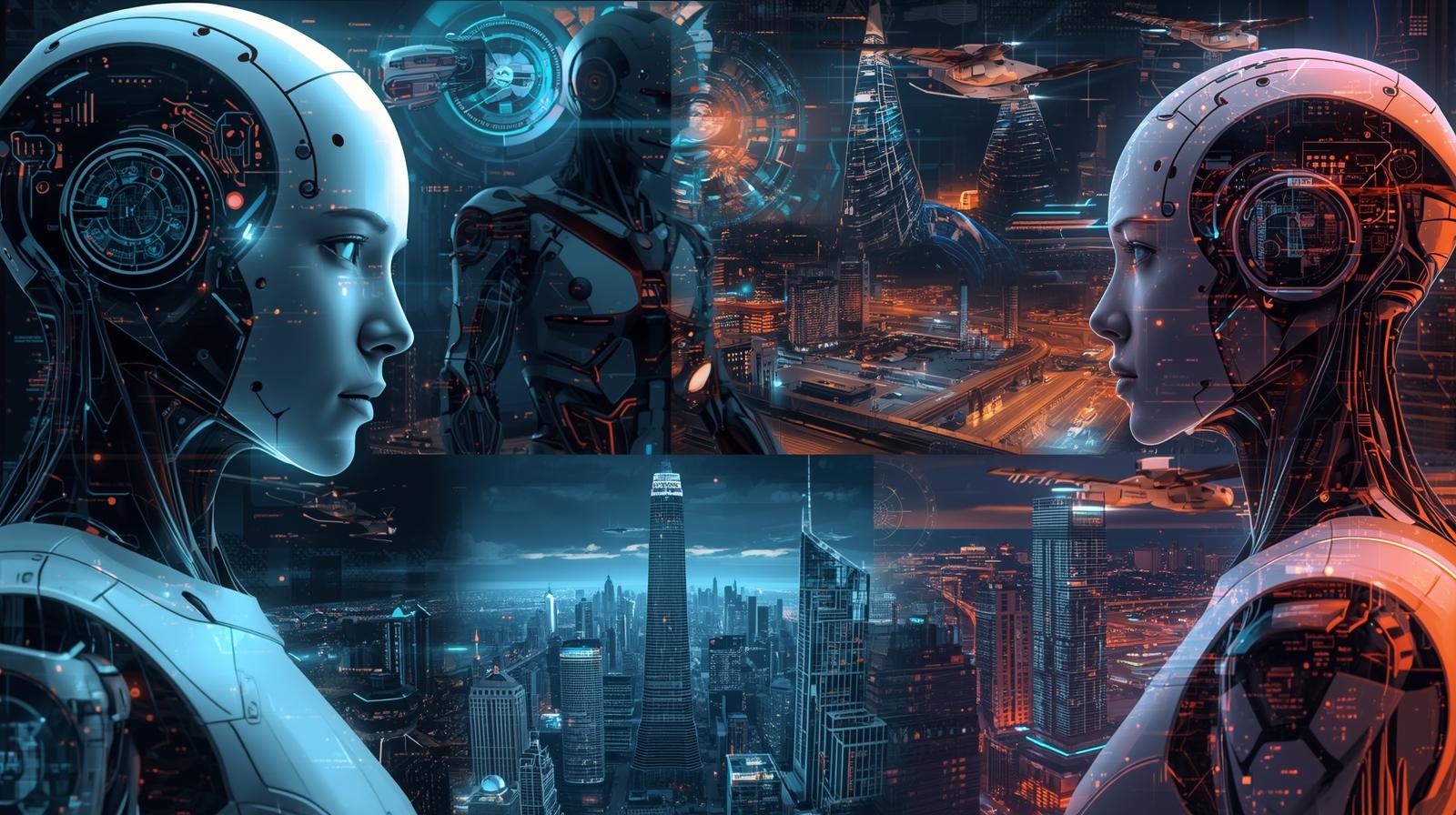 Futuristic collage showing AI, smart devices, and digital technology trends