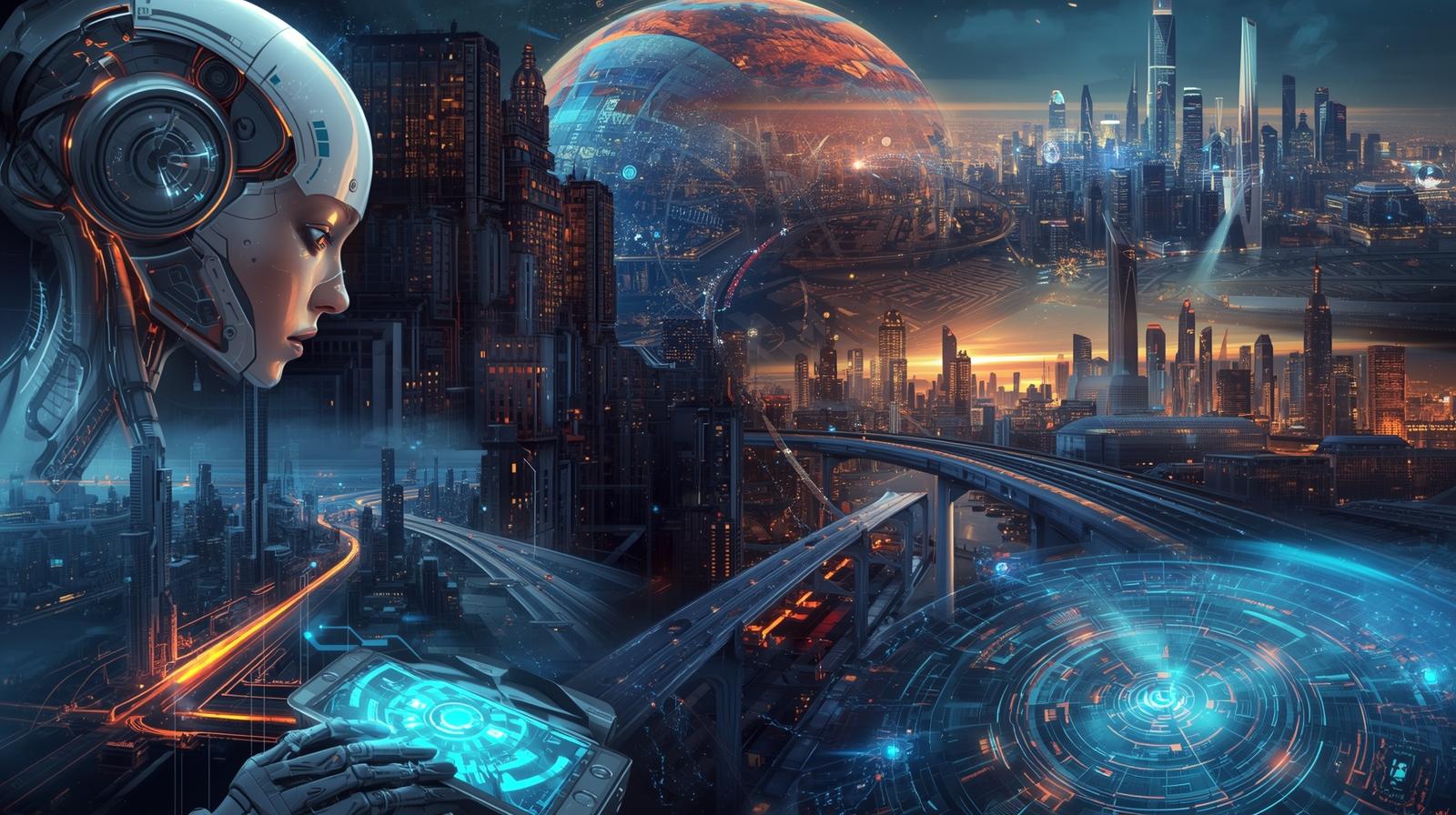 Futuristic collage showing AI, smart devices, and digital technology trends