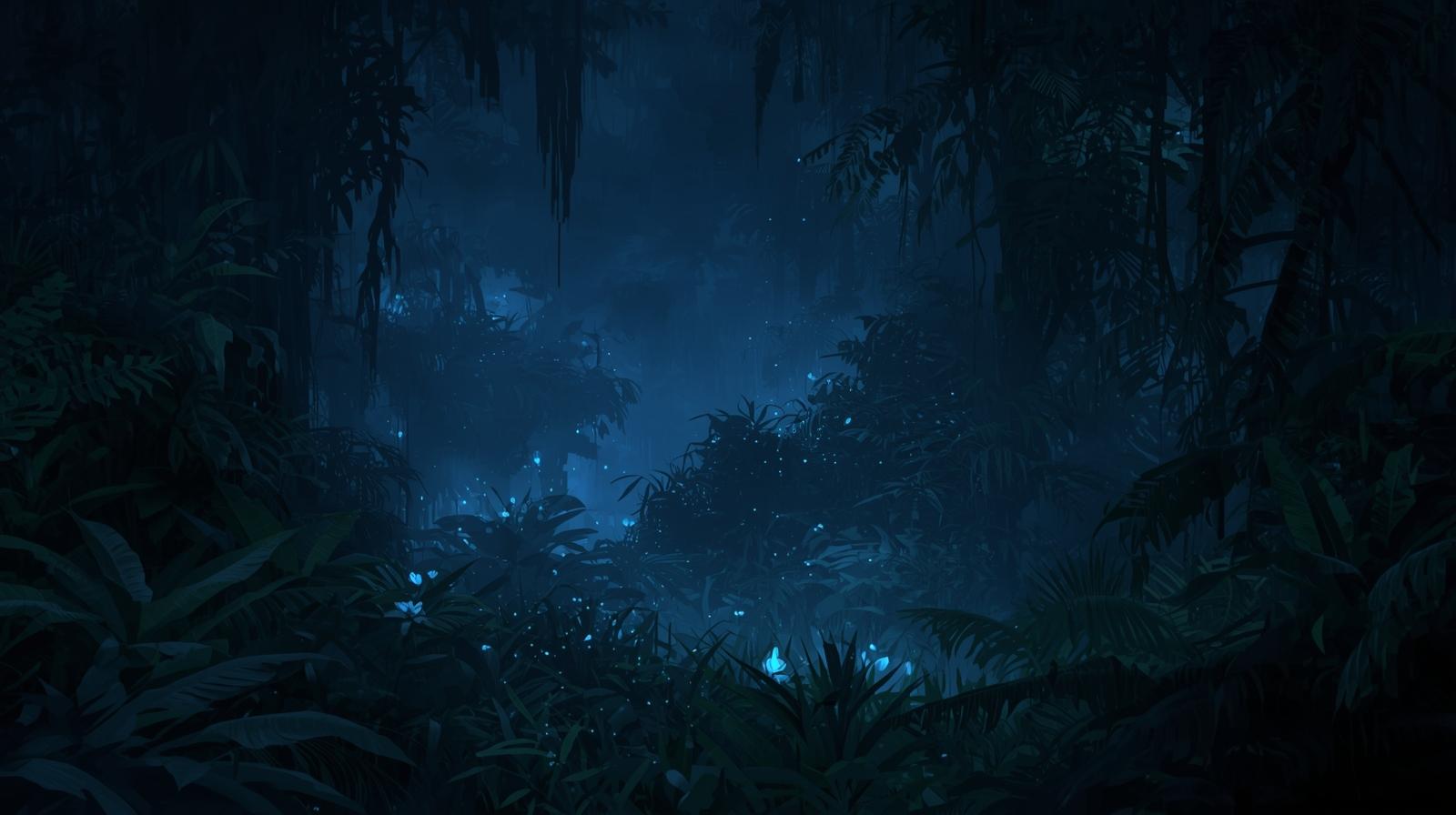 “Amazon forest at night with trees glowing softly blue.”