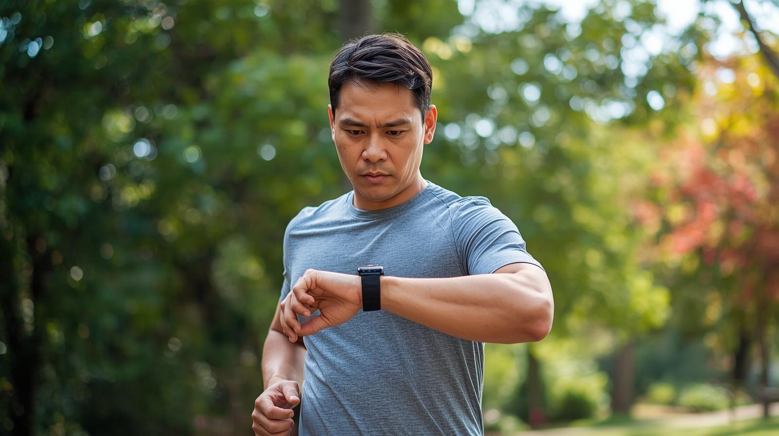 “Person using a smartwatch to track heart rate while walking.”