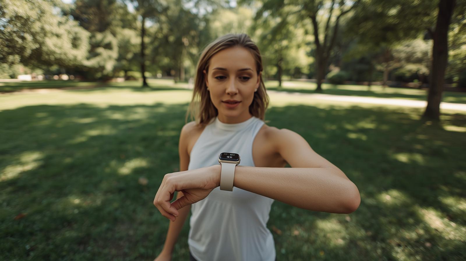 “Person using a smartwatch to track heart rate while walking.”
