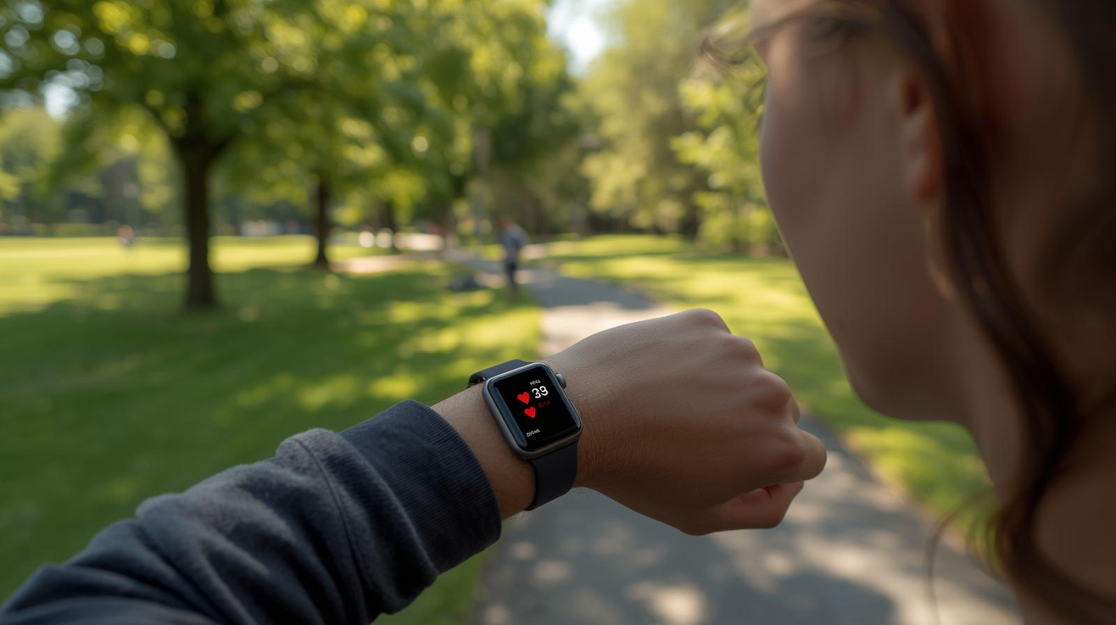 “Person using a smartwatch to track heart rate while walking.”