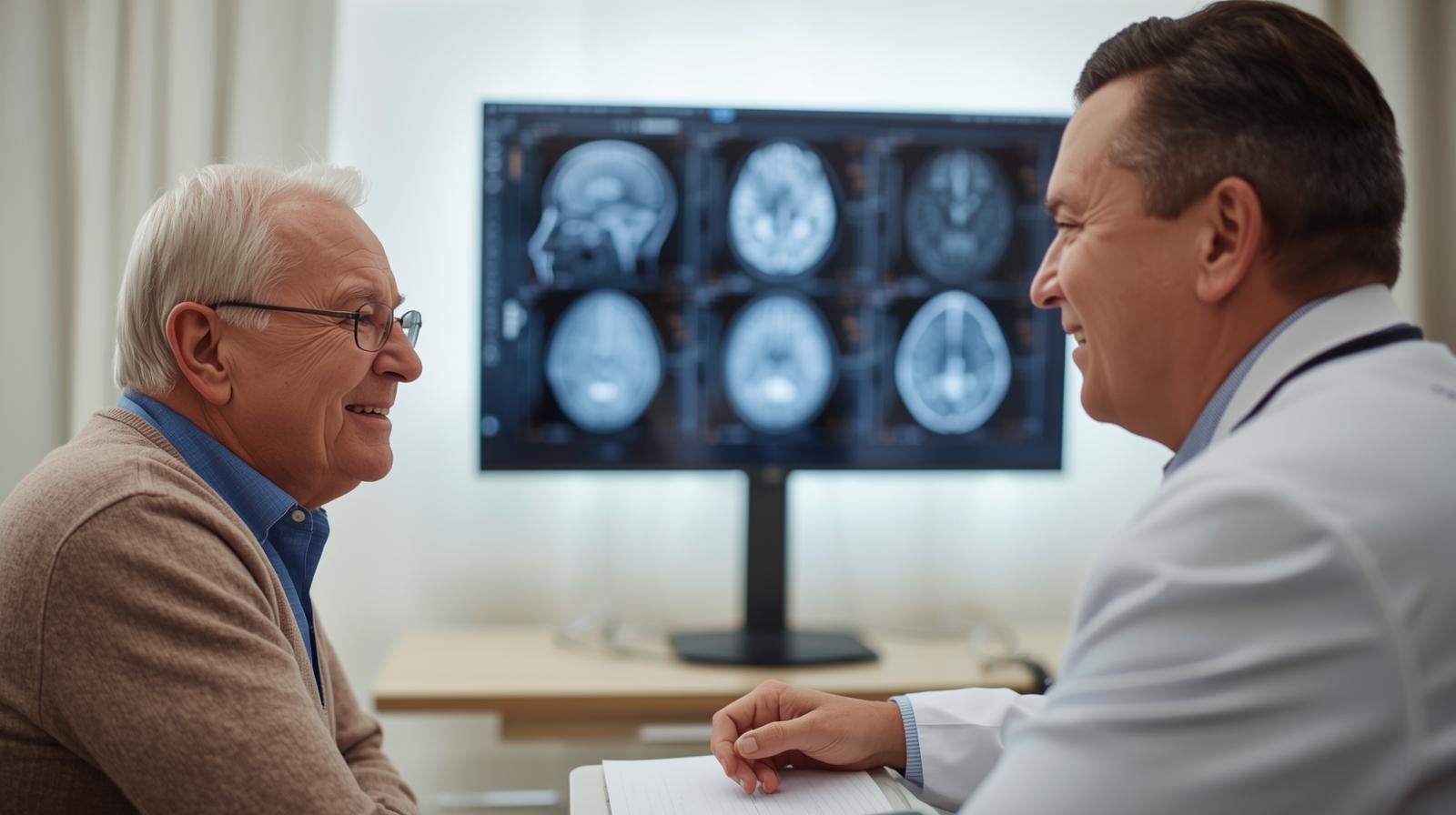 “Senior patient consulting doctor with brain scan images in a clinic.”