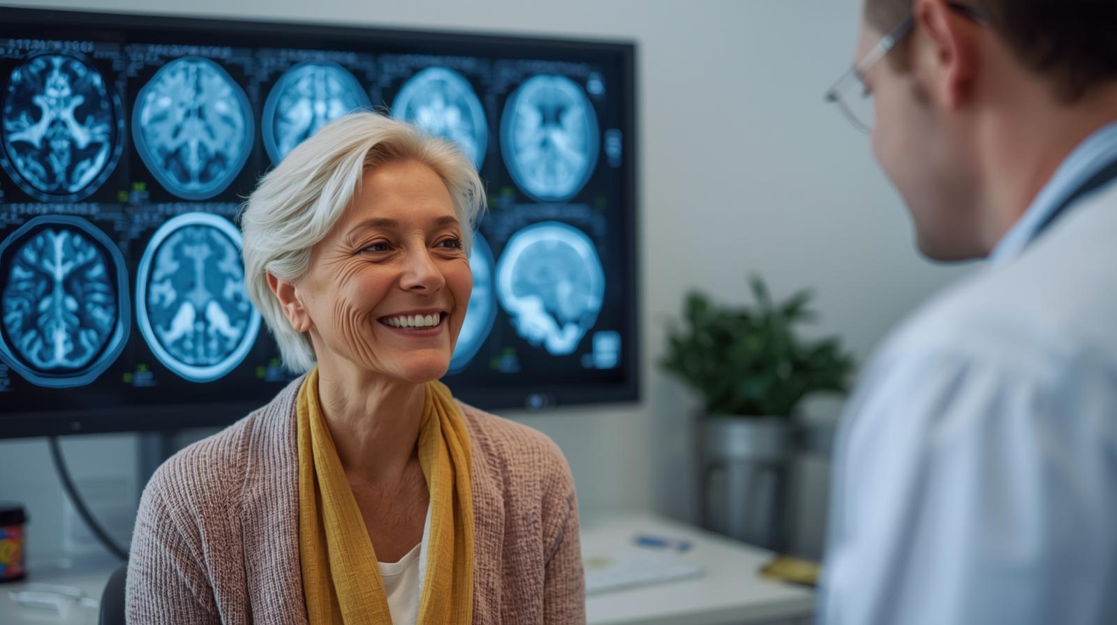 “Senior patient consulting doctor with brain scan images in a clinic.”