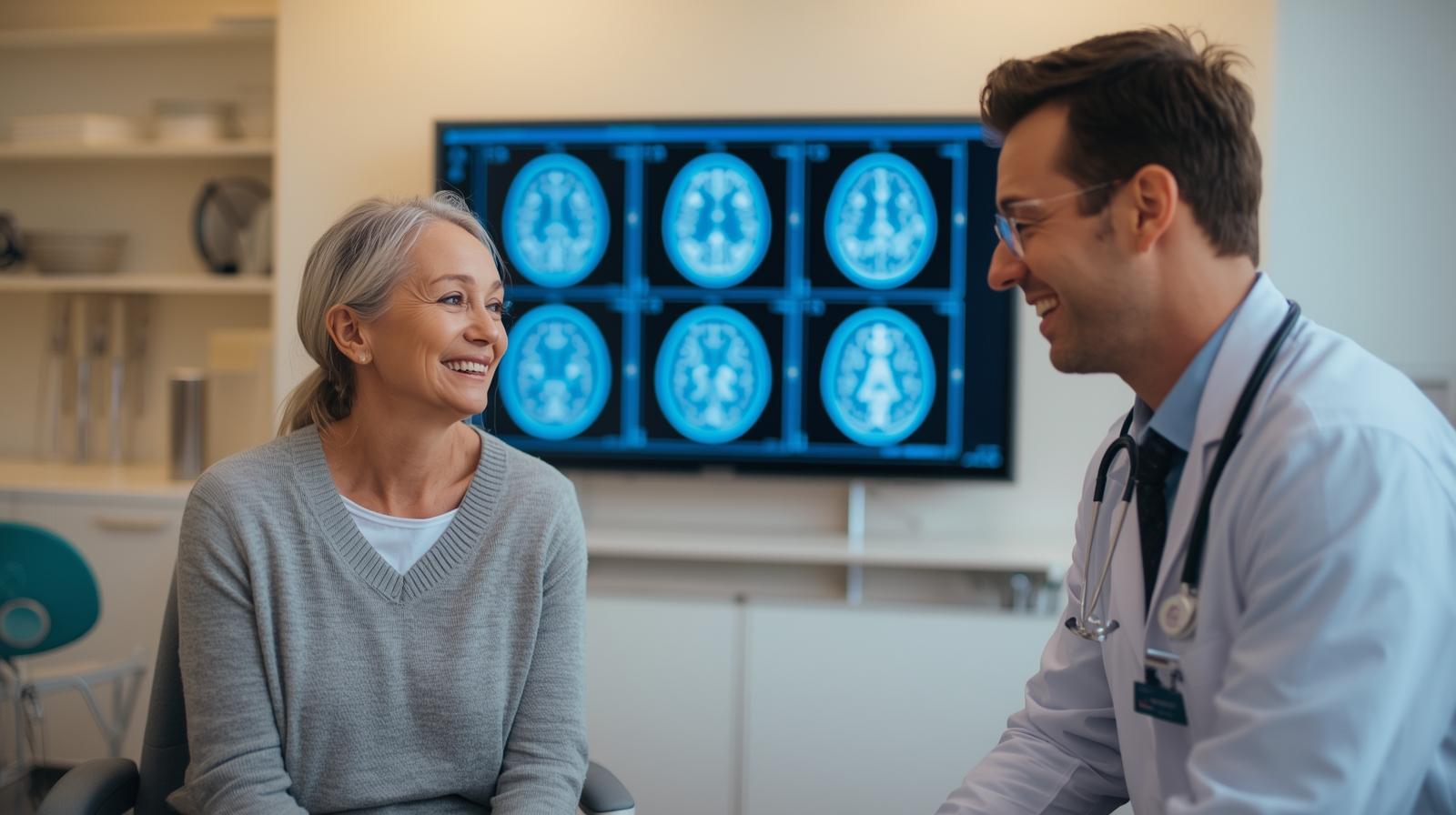 “Senior patient consulting doctor with brain scan images in a clinic.”