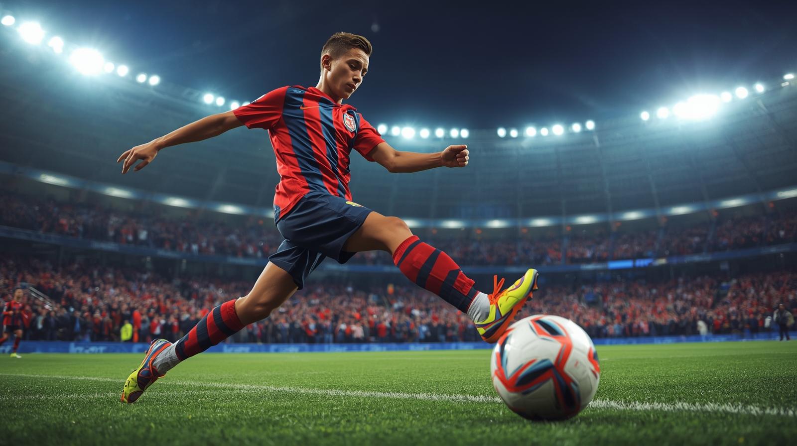 “Teen soccer player scoring a goal in a stadium with cheering crowd.”