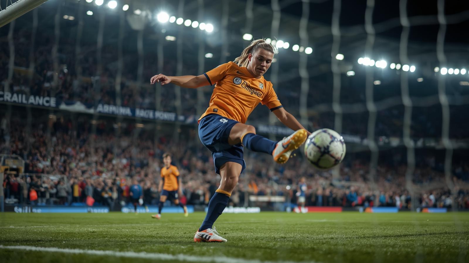 “Teen soccer player scoring a goal in a stadium with cheering crowd.”