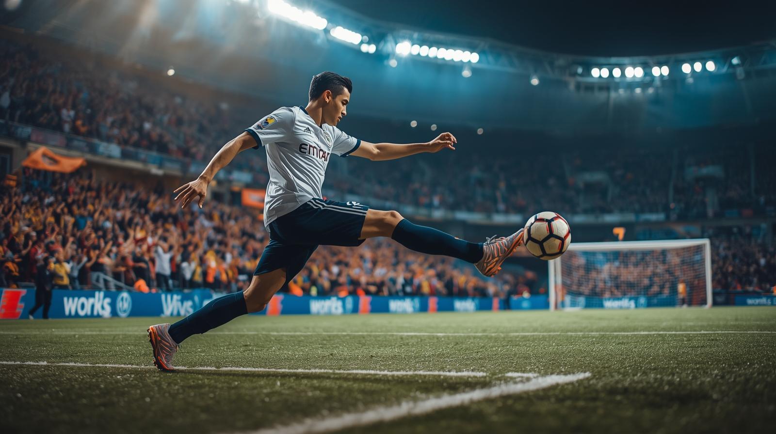 “Teen soccer player scoring a goal in a stadium with cheering crowd.”