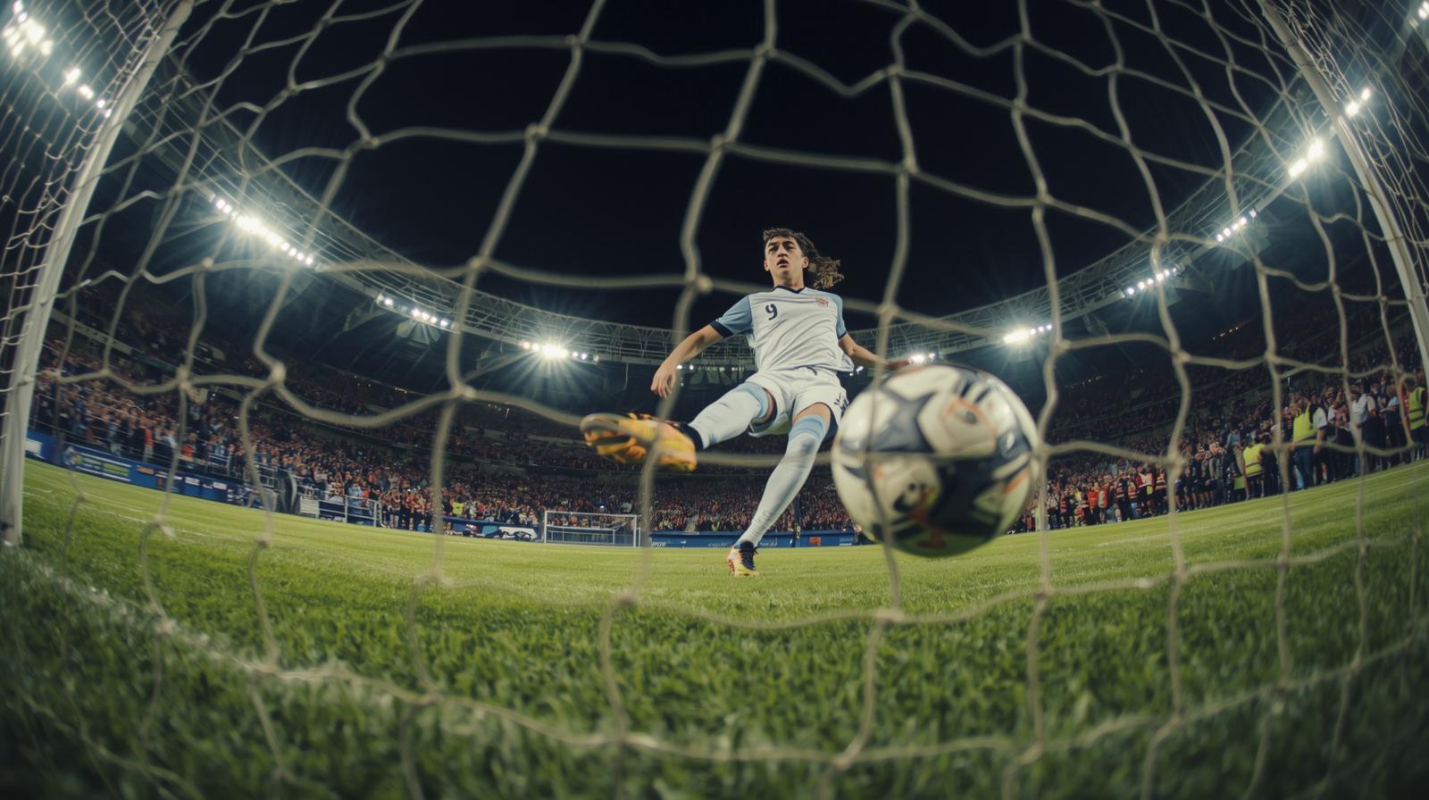 “Teen soccer player scoring a goal in a stadium with cheering crowd.”