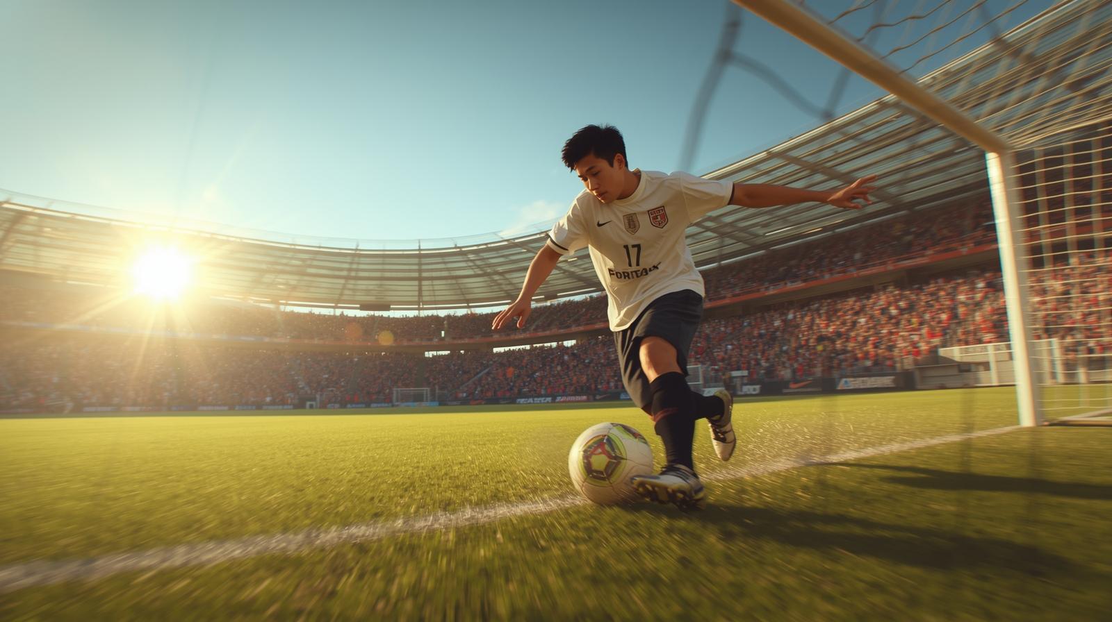 “Teen soccer player scoring a goal with cheering audience.”