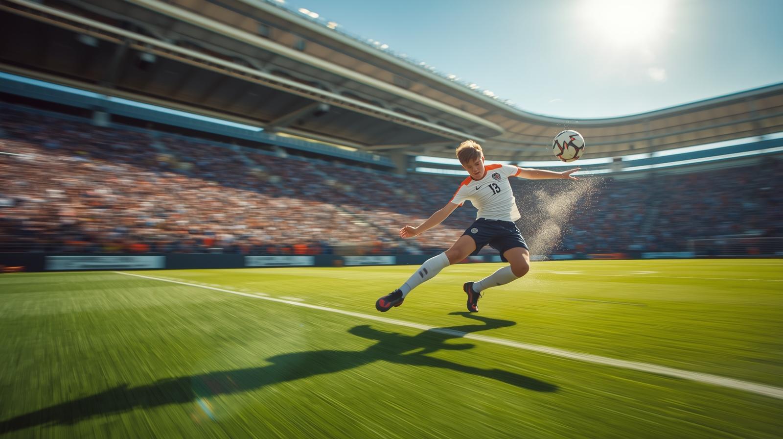 “Teen soccer player scoring a goal with cheering audience.”
