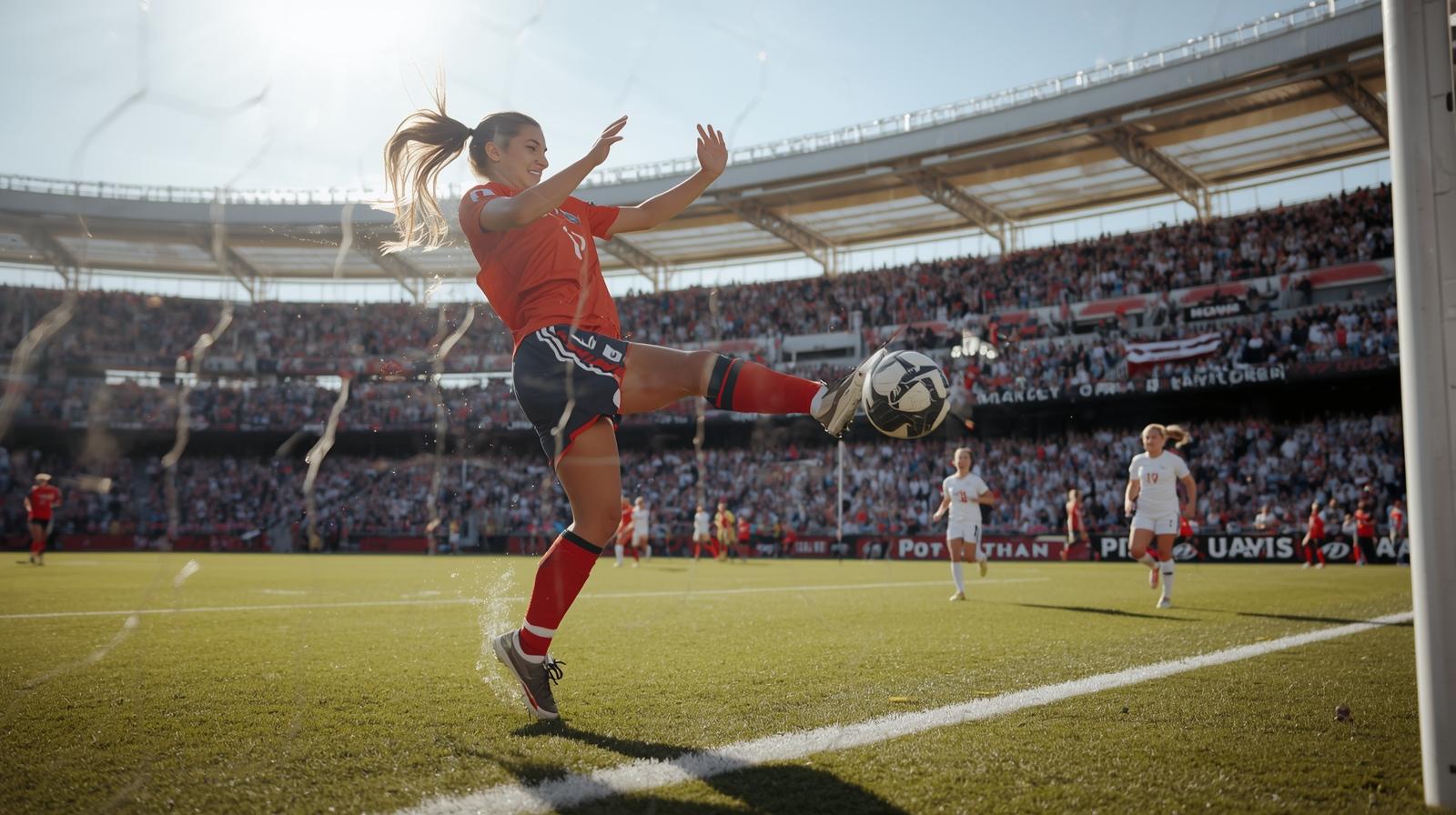 “Teen soccer player scoring a goal with cheering audience.”