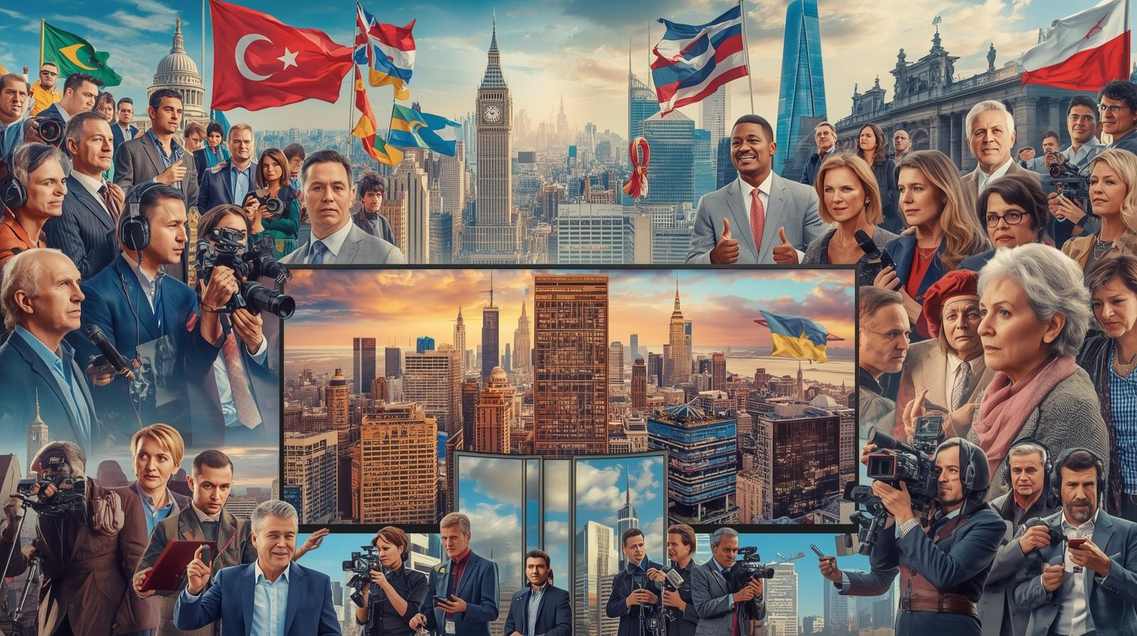 Collage of latest world news events including cities, journalists, and flags