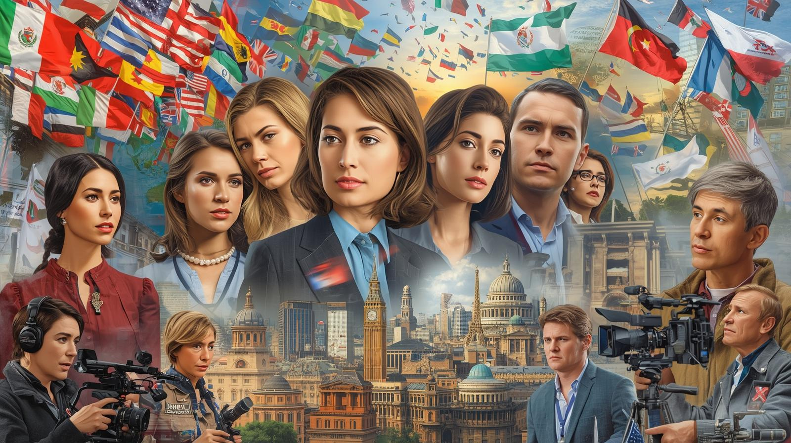 Collage of latest world news events including cities, journalists, and flags