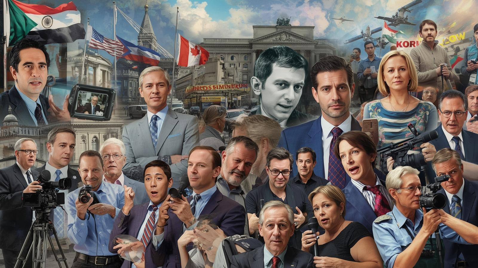 Collage of latest world news events including cities, journalists, and flags