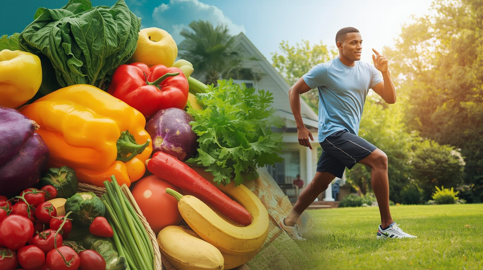 Person exercising with fresh fruits and vegetables for a healthy lifestyle