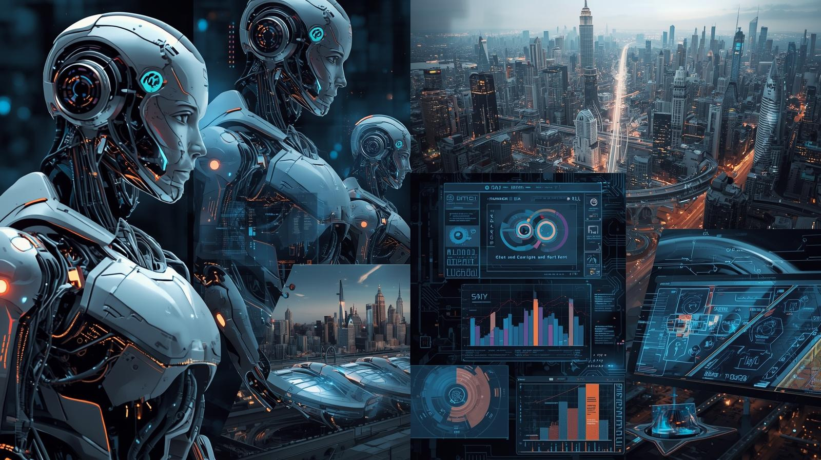 Futuristic collage showing AI, smart devices, and digital technology trends
