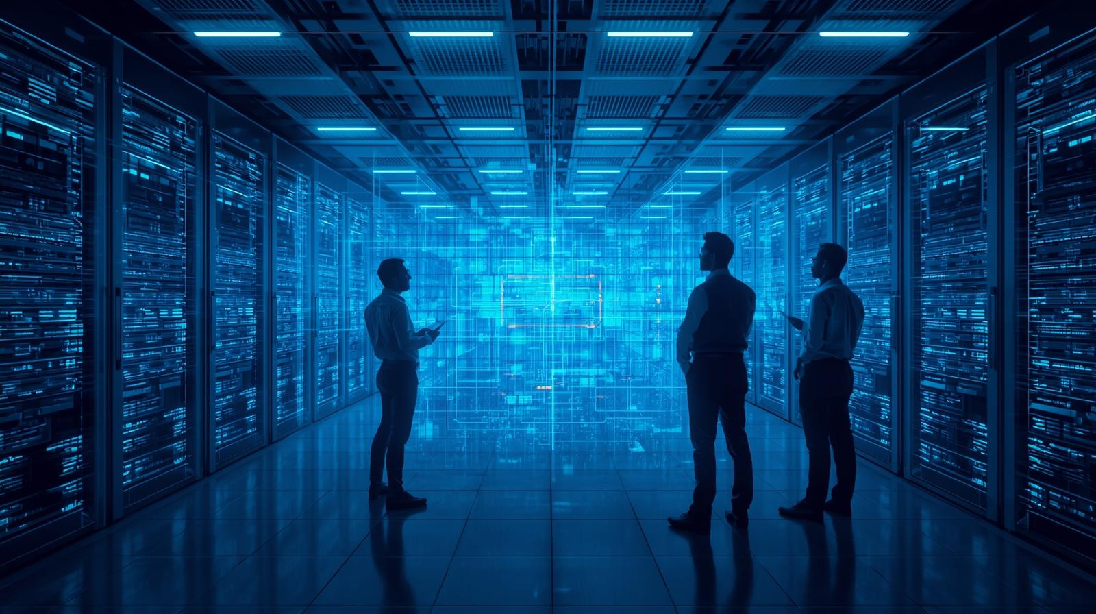 “Engineers monitoring glowing quantum processors inside a futuristic data center — representing the rise of quantum computing for consumers in 2025.”