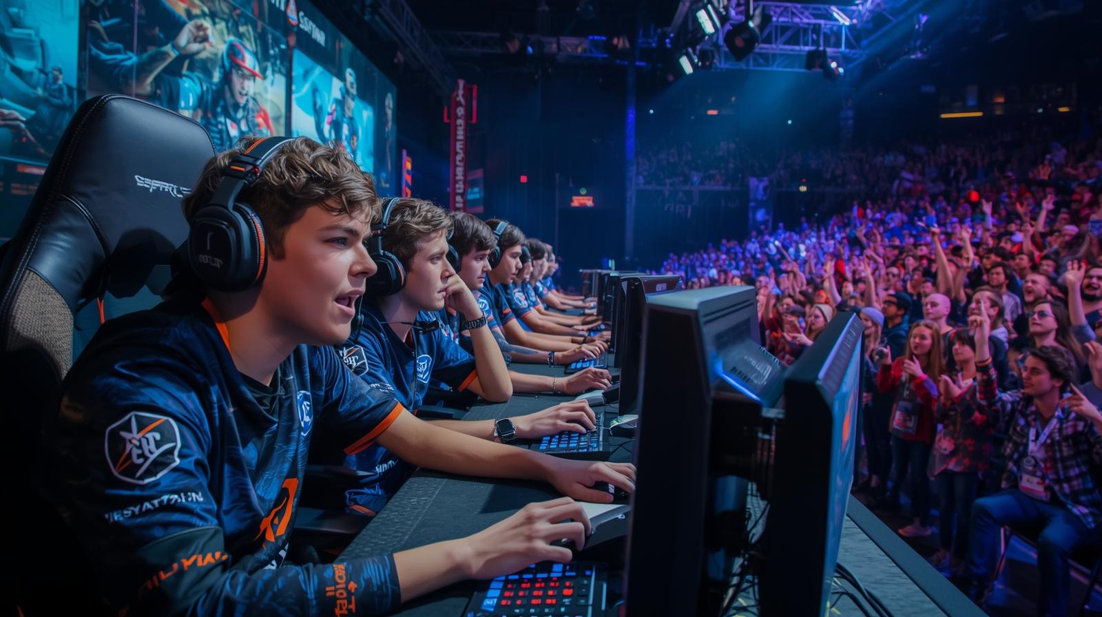 “Young esports players competing on stage with audience cheering.”