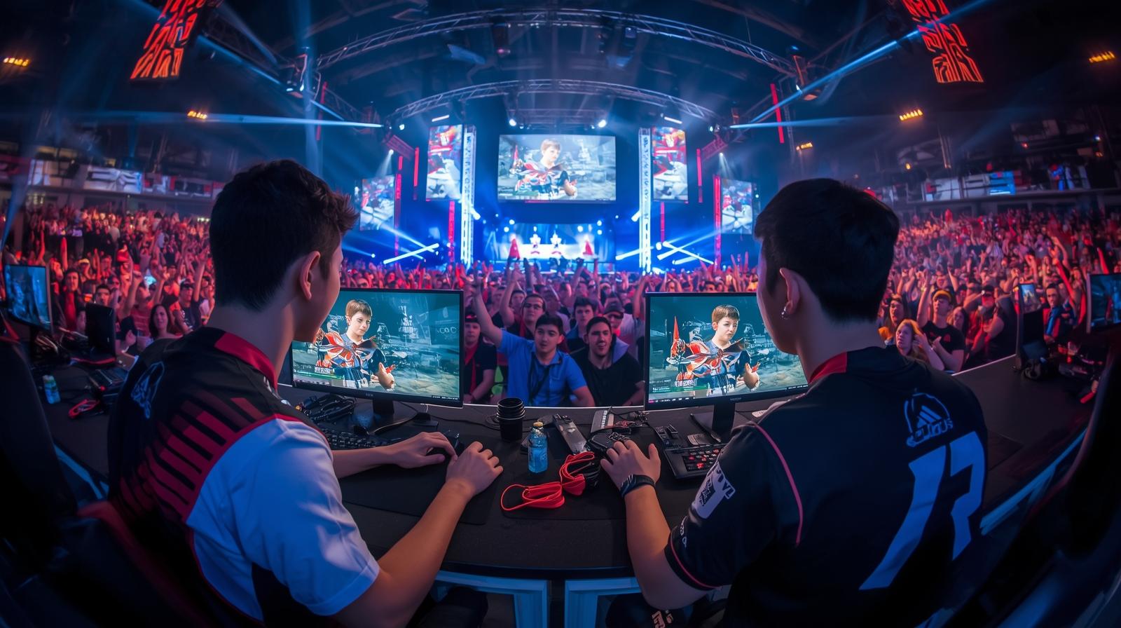 “Young esports players competing on stage with audience cheering.”