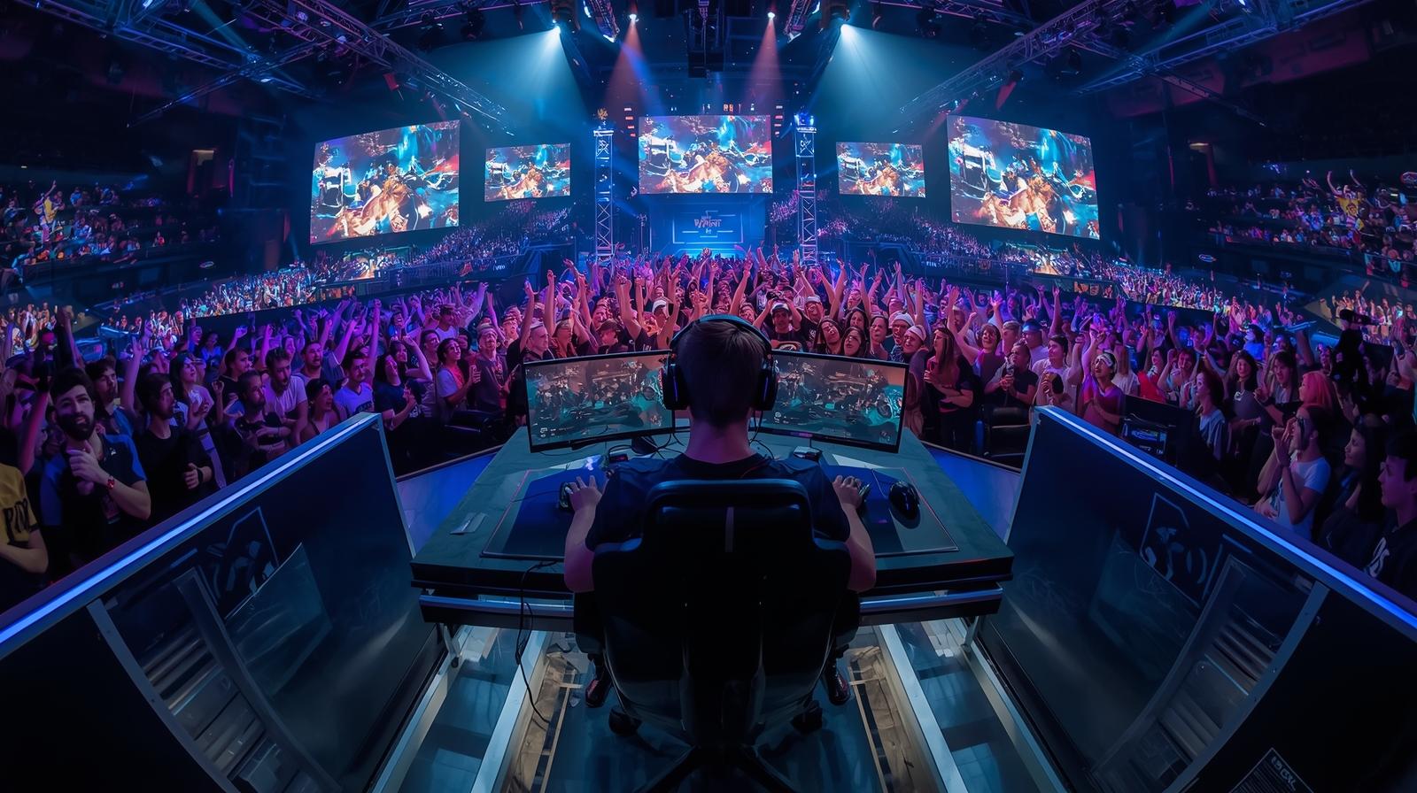 “Young esports players competing on stage with audience cheering.”