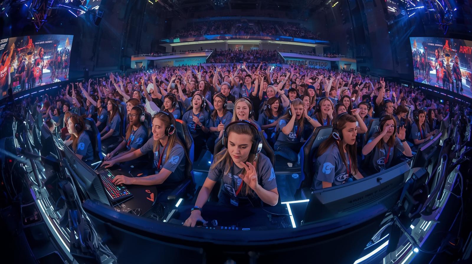 “Young esports players competing on stage with audience cheering.”
